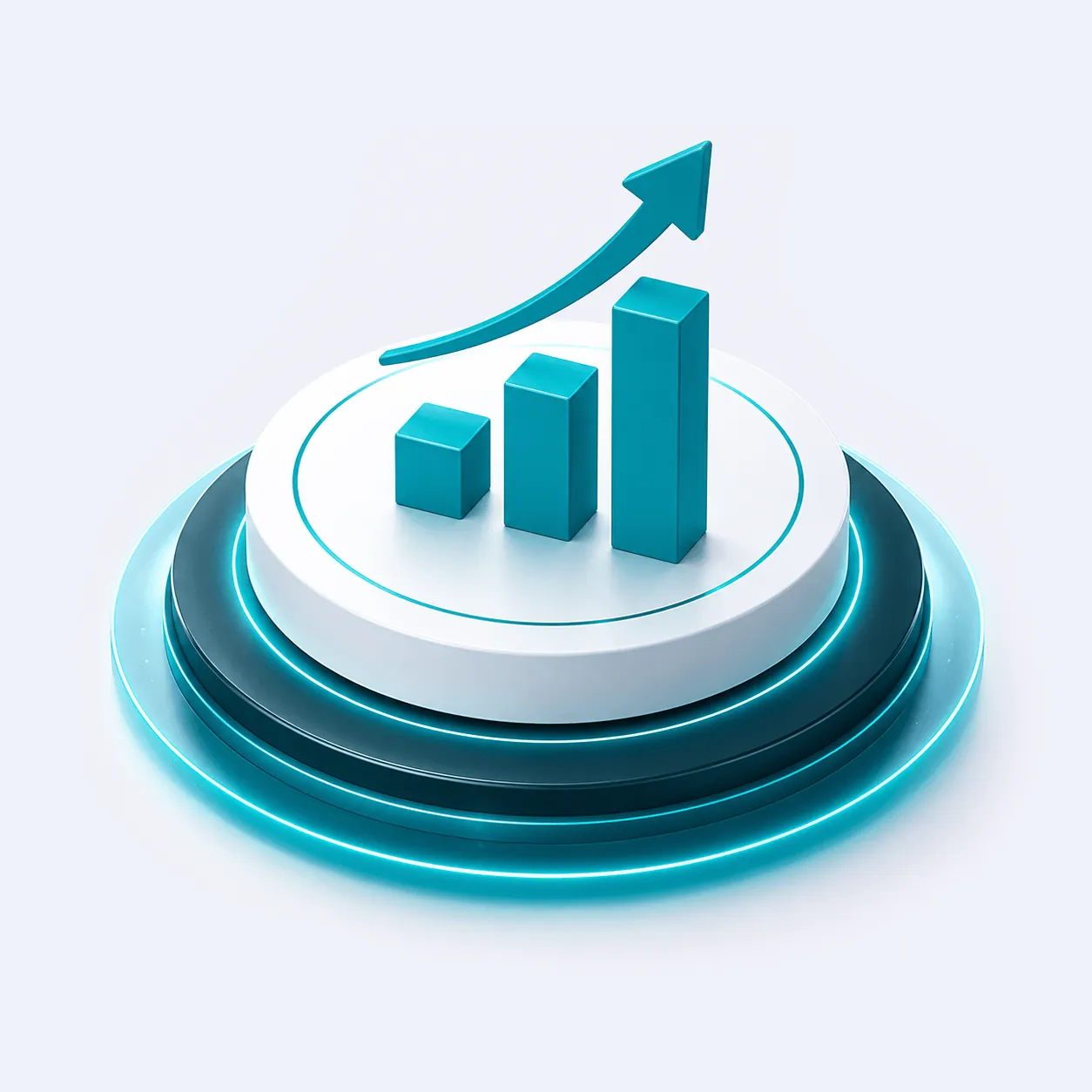 Bar chart with a rising arrow on a glowing round pedestal