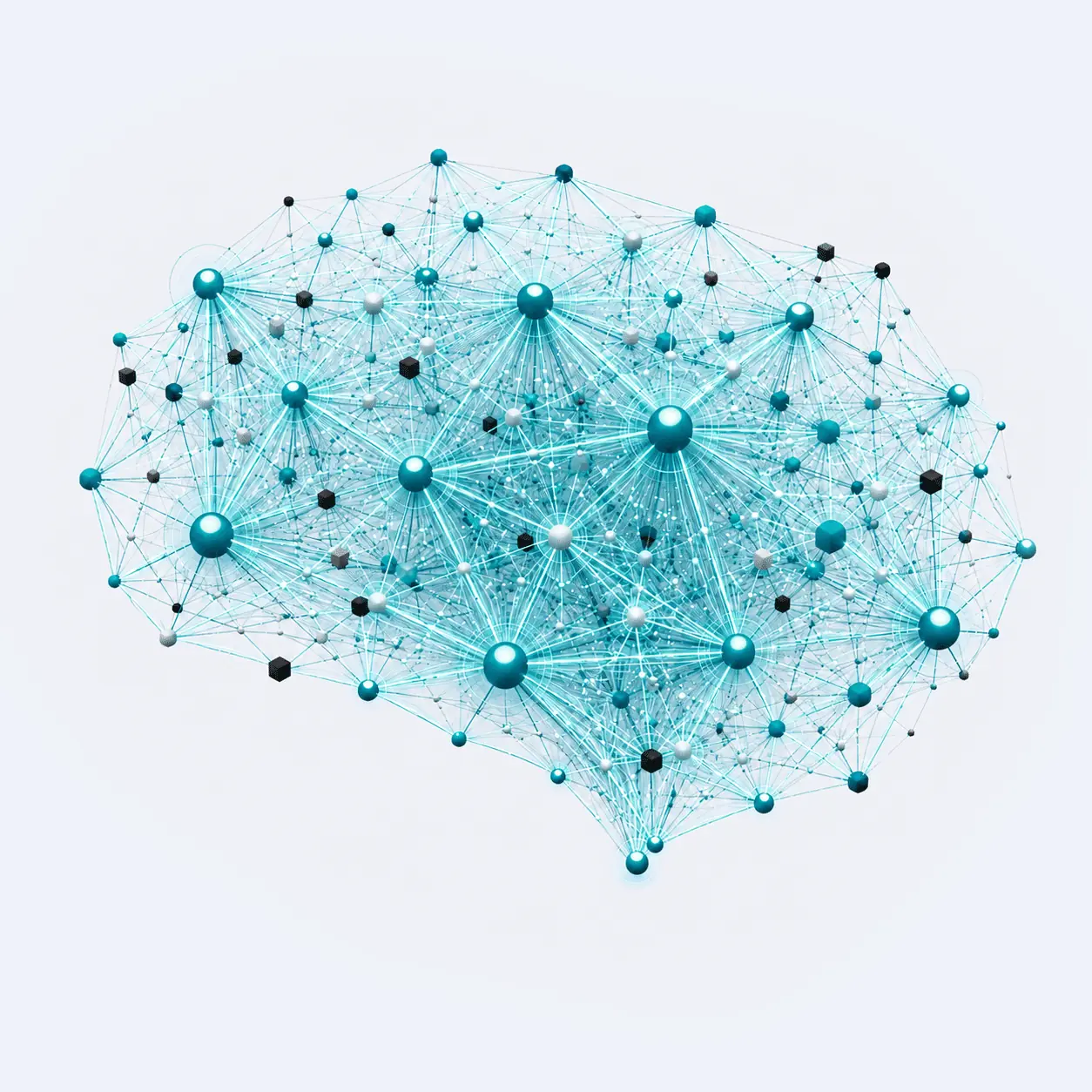 Animated neural network in the shape of a brain made of glowing nodes