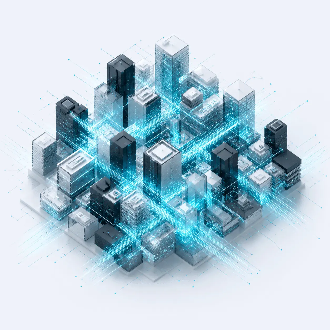 Animated city of buildings connected by glowing data streams