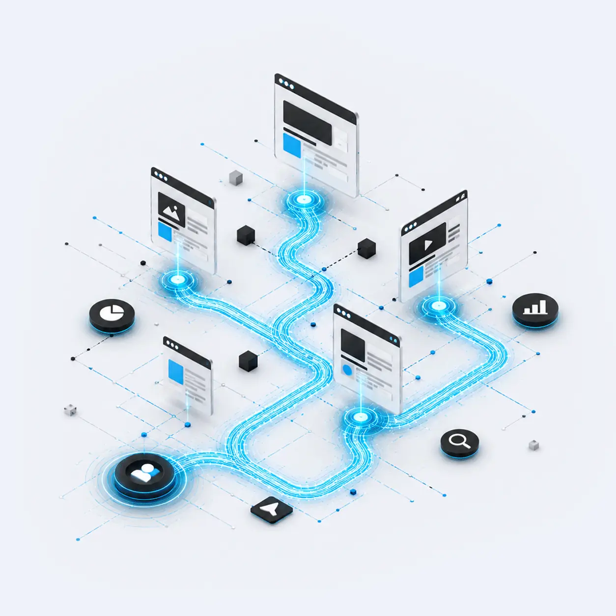 Animated user journey connecting several web pages as a glowing data trail